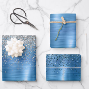 Blue Silver Sparkle Glitzer Geschenkpapier Set