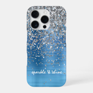 Blue Silver Sparkle Glitzer personalisiert iPhone 16 Pro Hülle