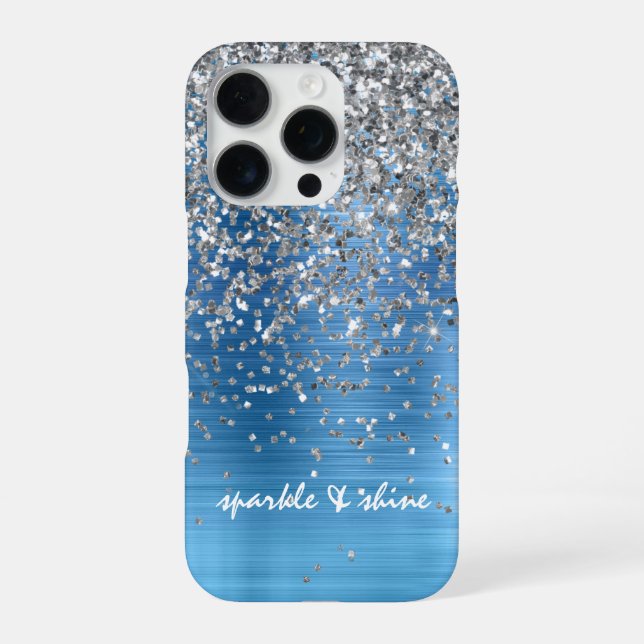 Blue Silver Sparkle Glitzer personalisiert iPhone Hülle (Rückseite)