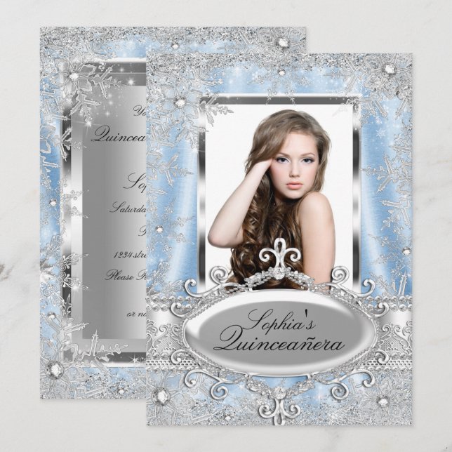 Blue Silver Sparkle Jewel Snowflake Quinceanera Einladung (Vorne/Hinten)