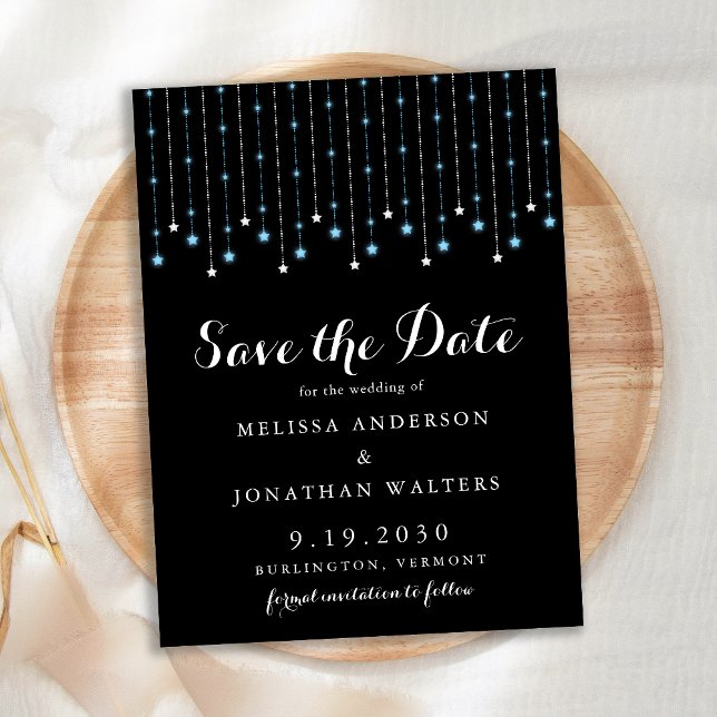 Blue Silver Stars String Lights Save the Date Ankündigungspostkarte (Von Creator hochgeladen)