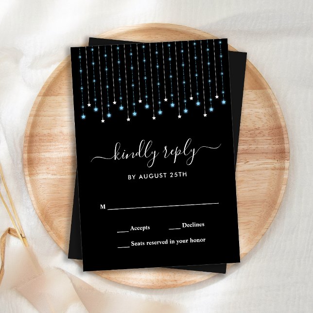Blue Silver Stars String Lights Wedding RSVP Mitteilungskarte (Von Creator hochgeladen)