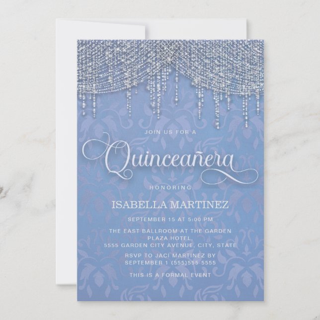 Blue Silver String Lights Damask Quinceañera Einladung (Vorderseite)
