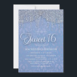 Blue Silver String Lights Damask Sweet 16 Einladung<br><div class="desc">Sweet 16 Geburtstagsfeier Einladung für Mädchen mit schönen,  eleganten silbernen Saitenleuchten und Damast auf blau.</div>