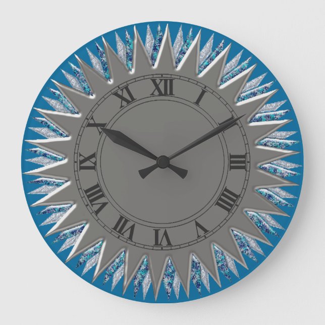 Blue Silver Sun Wall Clock Große Wanduhr (Vorderseite)