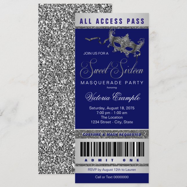 Blue Silver Sweet 16 Masquerade Party Ticket Einladung (Vorne/Hinten)