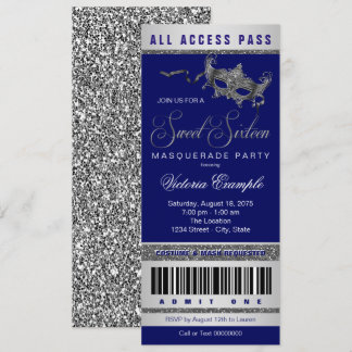 Blue Silver Sweet 16 Masquerade Party Ticket Einladung