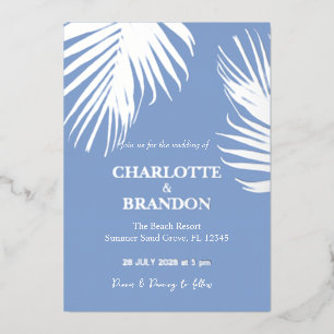 Blue Silver Tropical Palm Leaf Wedding Folieneinladung