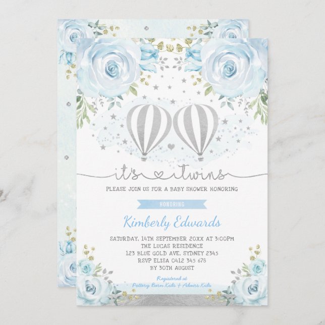 Blue Silver Twin Boys Hot Air Ballon Babydusche Einladung (Vorne/Hinten)