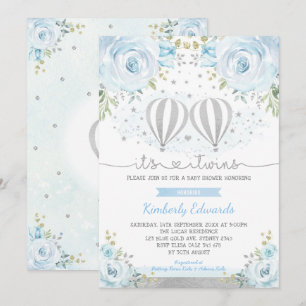 Blue Silver Twin Boys Hot Air Ballon Babydusche Einladung