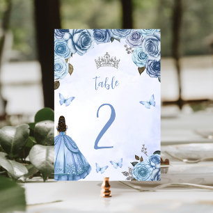 Blue Silver Watercolor Floral Princess Quinceañera Tischnummer