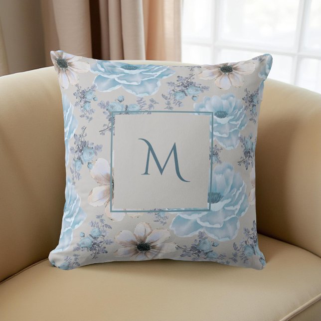 Blue Silver Watercolor Floral Script Kissen (Von Creator hochgeladen)