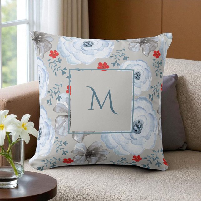 Blue Silver Watercolor Floral Script Kissen (Von Creator hochgeladen)