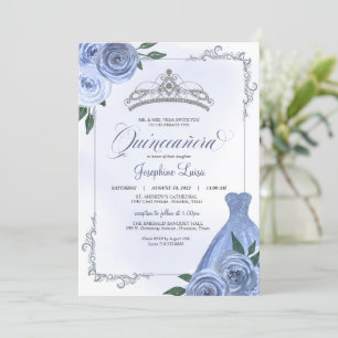 Blue Silver & White Floral Quinceñera Celebration Einladung