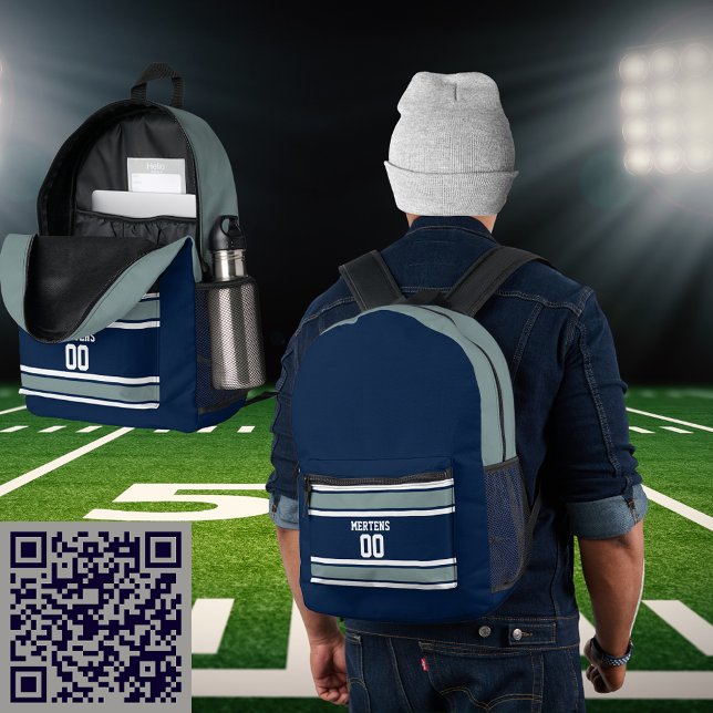 Blue Silver White Sports Strike Jersey Teamname Bedruckter Rucksack (Blue Silver White Sports Striped Jersey Team Name Printed Backpack)