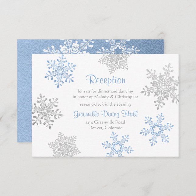 Blue Silver Winter Snowflake Hochzeitsempfang Begleitkarte (Vorne/Hinten)