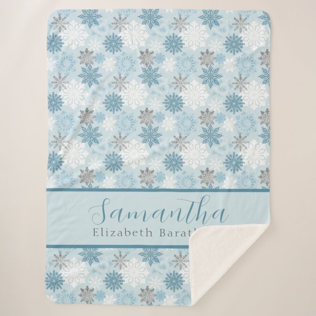 Blue & Silver Winter Snowflake Personalisierter Na Sherpadecke (Vorderseite)