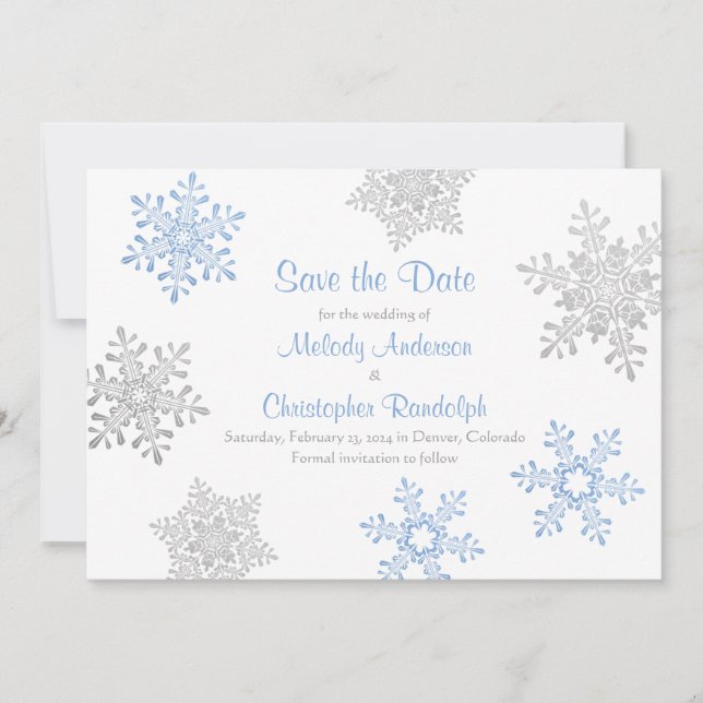Blue Silver Winter Snowflake Wedding Save the Date (Vorderseite)