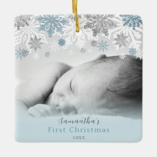 Blue Silver Winter Snowflakes Personalisiert Baby Keramikornament