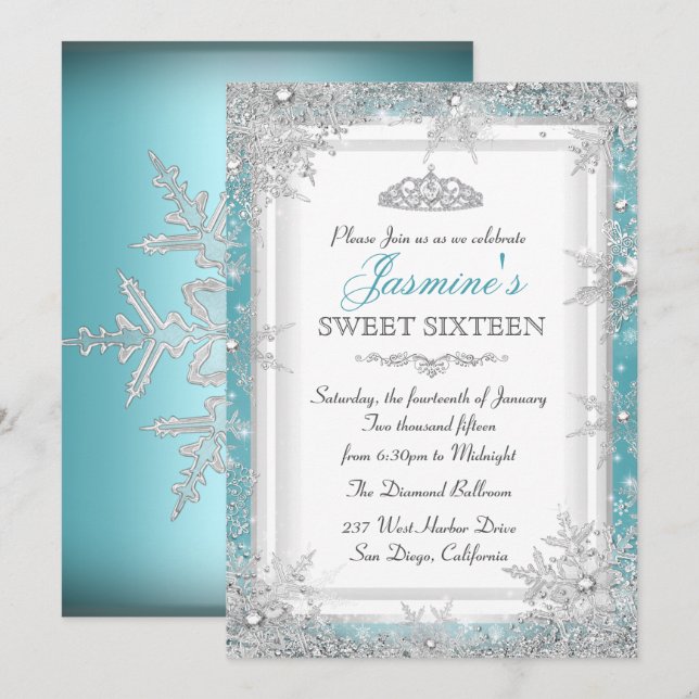 Blue Silver Winter Wonderland Sweet 16 Einladung (Vorne/Hinten)
