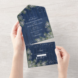 Blue Silver Winter Wood Kariert Rustikale Hochzeit All In One Einladung