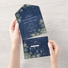 Blue Silver Winter Wood Kariert Rustikale Hochzeit All In One Einladung