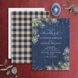 Blue Silver Winter Wood Kariert Rustikale Hochzeit Einladung