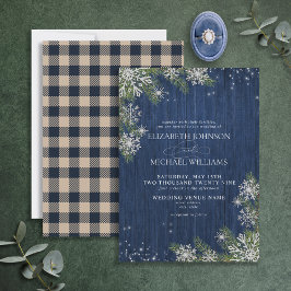 Blue Silver Winter Wood Kariert Rustikale Hochzeit Einladung