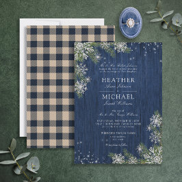 Blue Silver Winter Wood Kariert Rustikale Hochzeit Einladung