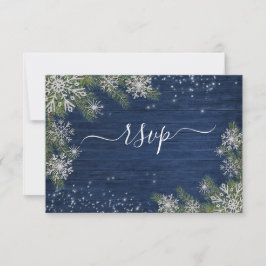 Blue Silver Winter Wood Kariert Rustikale Hochzeit RSVP Karte