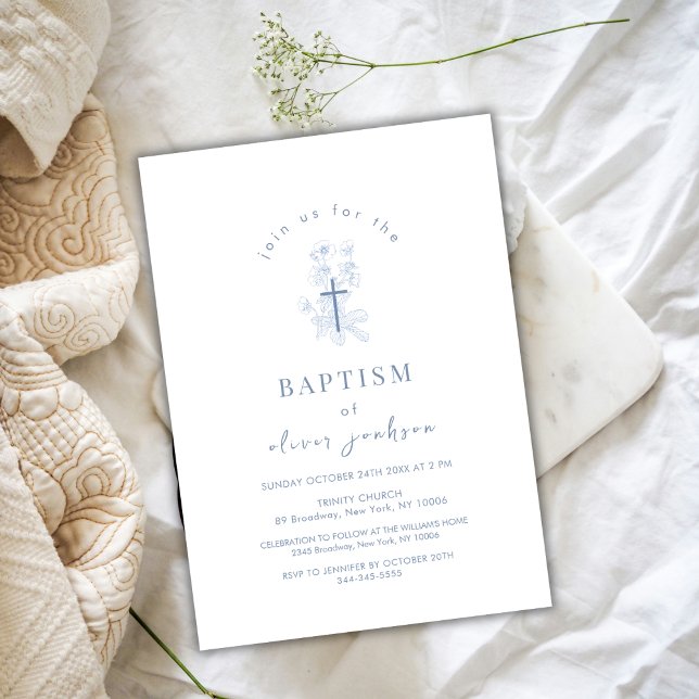 Blue Simple Blume Cross Christening Boy Taufe Einladung (Blue Simple Flower Cross Christening Boy Baptism Invitation)