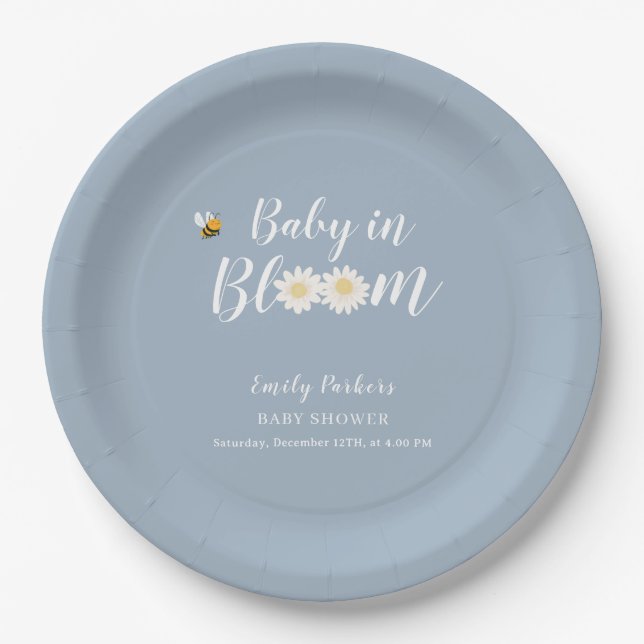 Blue Simple Boho Daisy Floral Baby in Blütendusche Pappteller (Vorderseite)