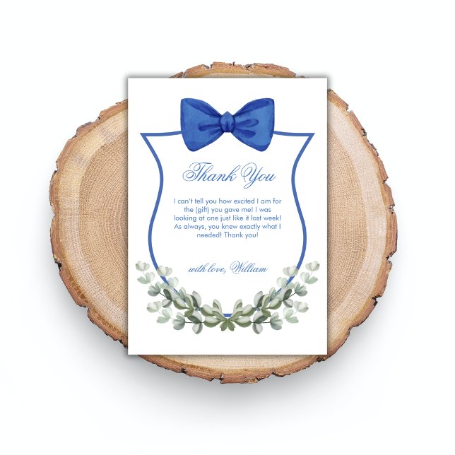 Blue Simple Bow Eucalyptus Wappen Boy Baby Dusche Dankeskarte (Blue Simple Bow Eucalyptus Crest Boy Baby Shower Thank You Card)