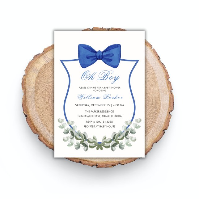 Blue Simple Bow Eucalyptus Wappen Boy Baby Dusche Einladung (Blue Simple Bow Eucalyptus Crest Boy Baby Shower Invitation)