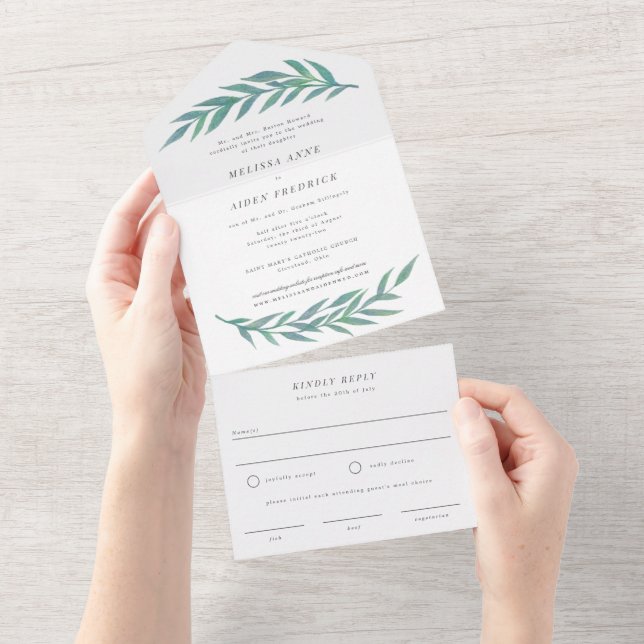 Blue Simple Branch Formal Wording Wedding All In One Einladung (Abreißen)