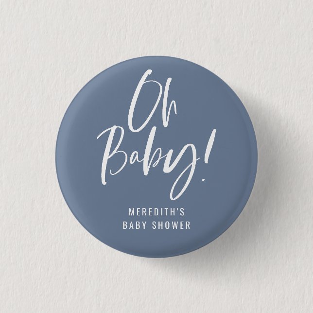 Blue Simple Calligraphy Gender Neutral Baby Shower Button (Vorderseite)