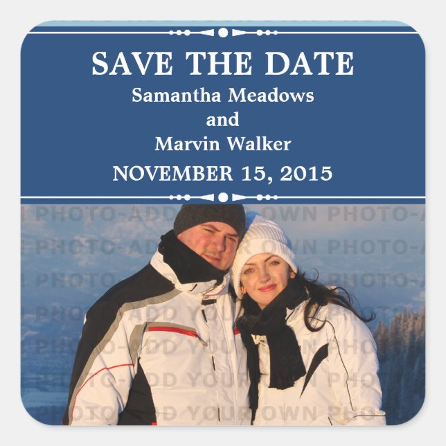 Blue Simple Chic Foto Save the Date Stickers (Vorderseite)
