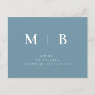 Blue Simple Contemporary Monogram Save the Date Postkarte