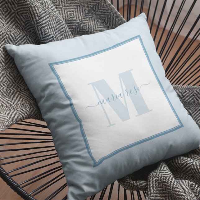 Blue Simple Custom Monogram Name Kissen (Blue monogram throw pillow)