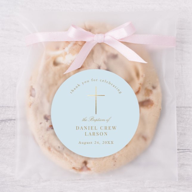 Blue Simple Elegant Gold Cross Taufen Christening Runder Aufkleber (Von Creator hochgeladen)