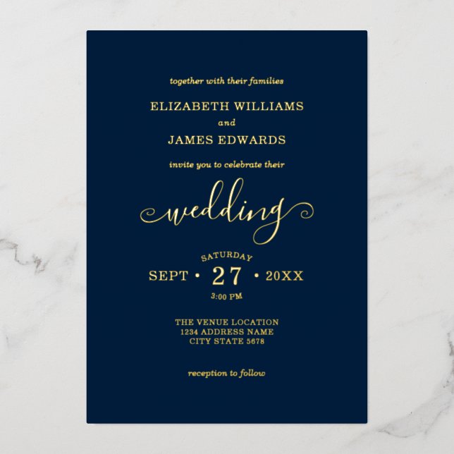 Blue Simple Elegante Wedding Gold Foil Einladung (Vorderseite)