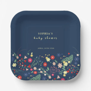 Blue Simple Elegante Wildblume Baby Shower Pappteller
