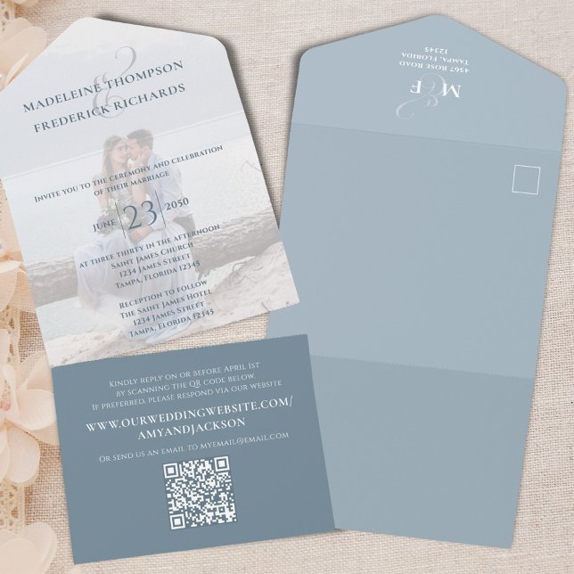 Blue Simple Foto Template Wedding QR Code All In One Einladung (Blue wedding all in one style invitation.)