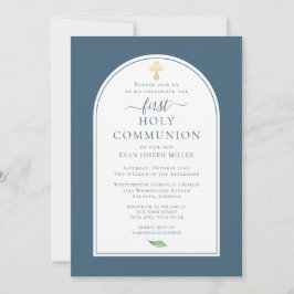 Blue Simple Gold Cross First Holy Communion Einladung