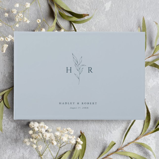 Blue Simple Minimal Monogram Botanical Wedding Gästebuch (Von Creator hochgeladen)