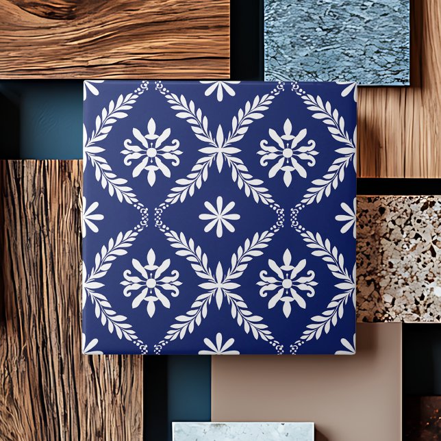 Blue Simple Modern Geometric Abstrakt Fliese (Blue Simple Modern Geometric Elegant Abstract Floral Symmetrical Ceramic Tile)