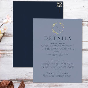 Blue Simple Monogram Leaves Wedding Enclosure Gold Folie Einladungspostkarte