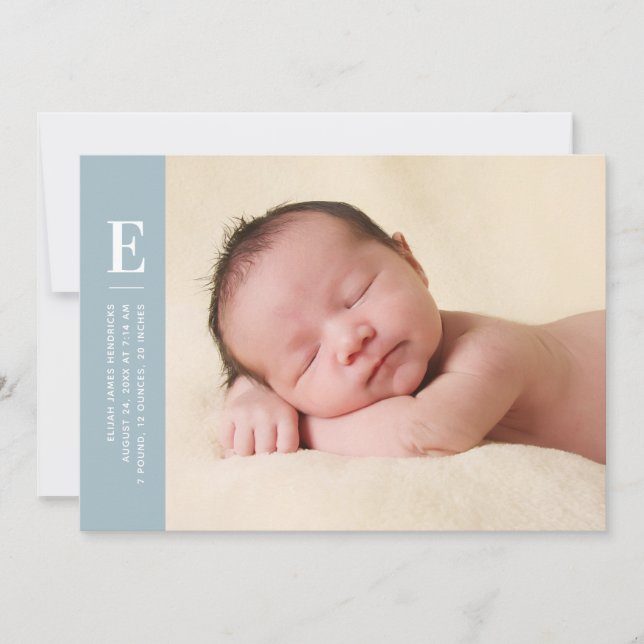 Blue Simple Monogram New Baby Foto Birth Ankündigung (Vorderseite)