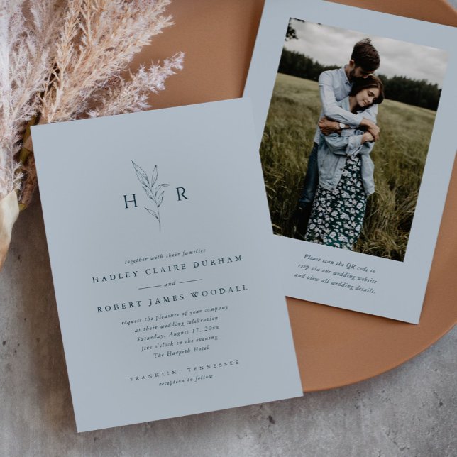 Blue Simple Monogram QR Code Foto Wedding Einladung (Von Creator hochgeladen)