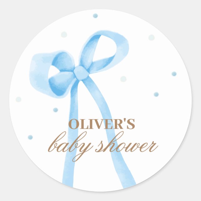 Blue Simple Polka Dot Bow Baby Dusche Runder Aufkleber (Vorderseite)